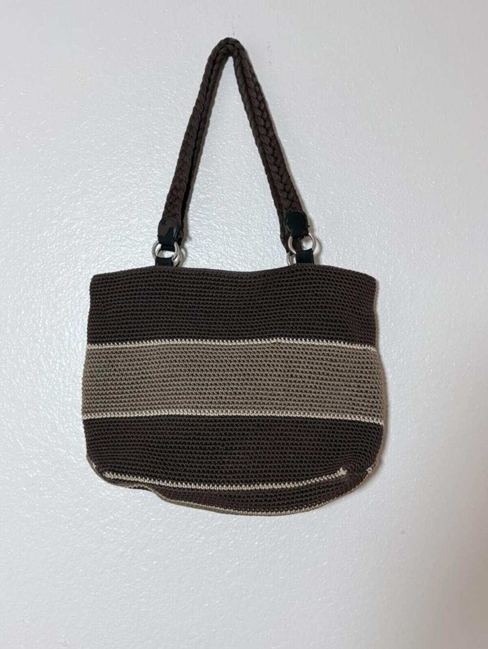 LINA Crocheted Striped Tote Bag Brown & Tan